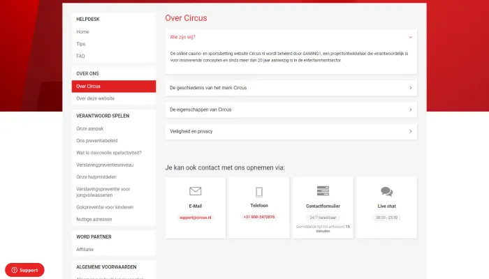 Support bij Circus is uitstekend