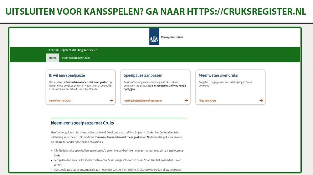 Schrijf je in bij Cruks voor uitsluiting van kansspelen