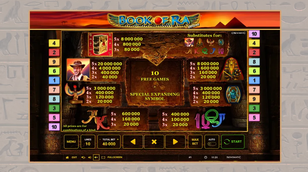 Book of Ra Deluxe uitbetaaltabel