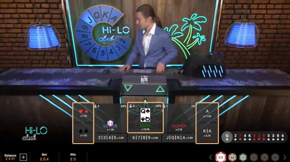 Side Bets bij Hi Lo live Game Show